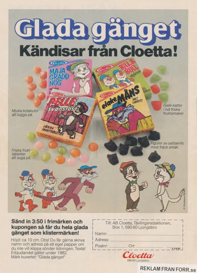 Reklam för tabletteraskar från Cloetta med motiv av Pelle Svanslös och de andra figurerna i sagan