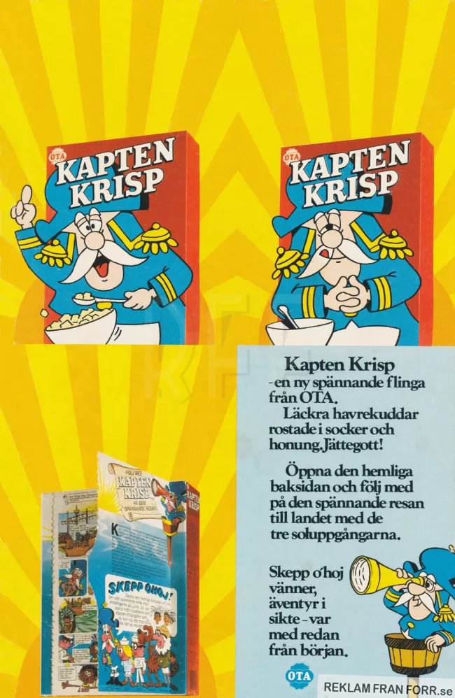 Reklam för frukostflingar Kapten Krisp, läckra havrekuddar rostade i socker och honung