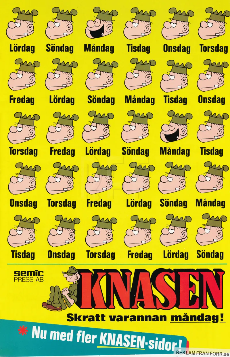 Reklam från serietidningen Knasen som kommer ut varannan måndag