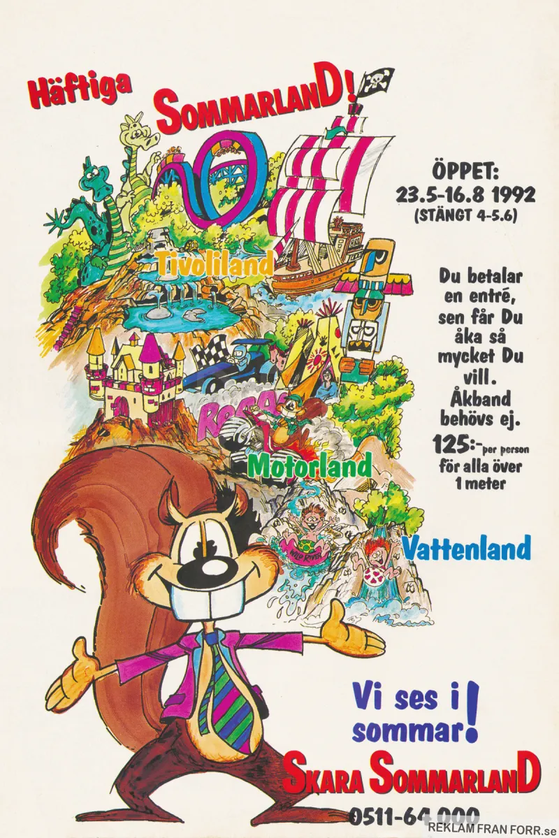 Reklam för Skara Sommarland, en illustration över parken och dess aktiviteter