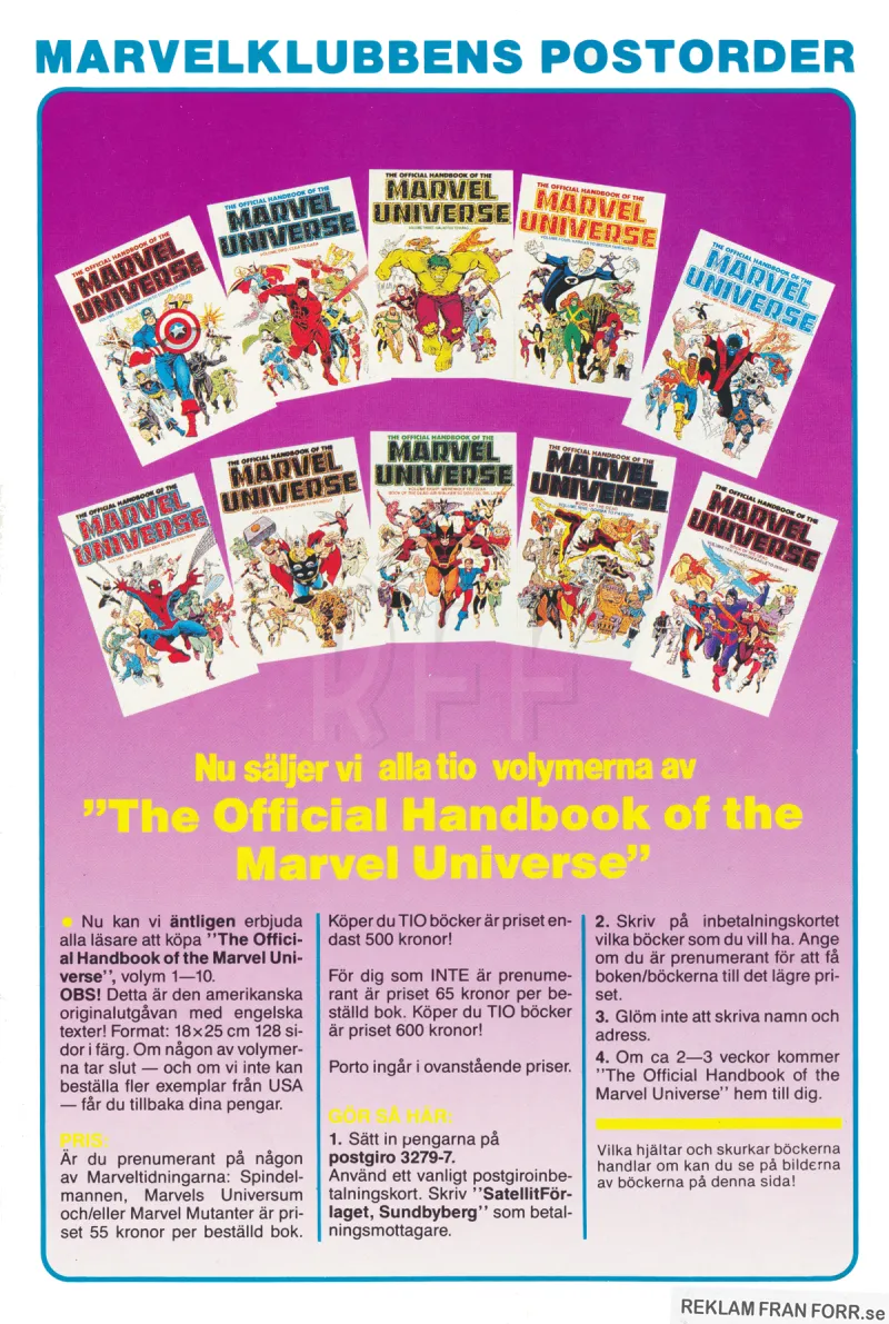 Reklam för Marvelklubbens postorder där man nu kan köpa The official handbook of the Marvel universe