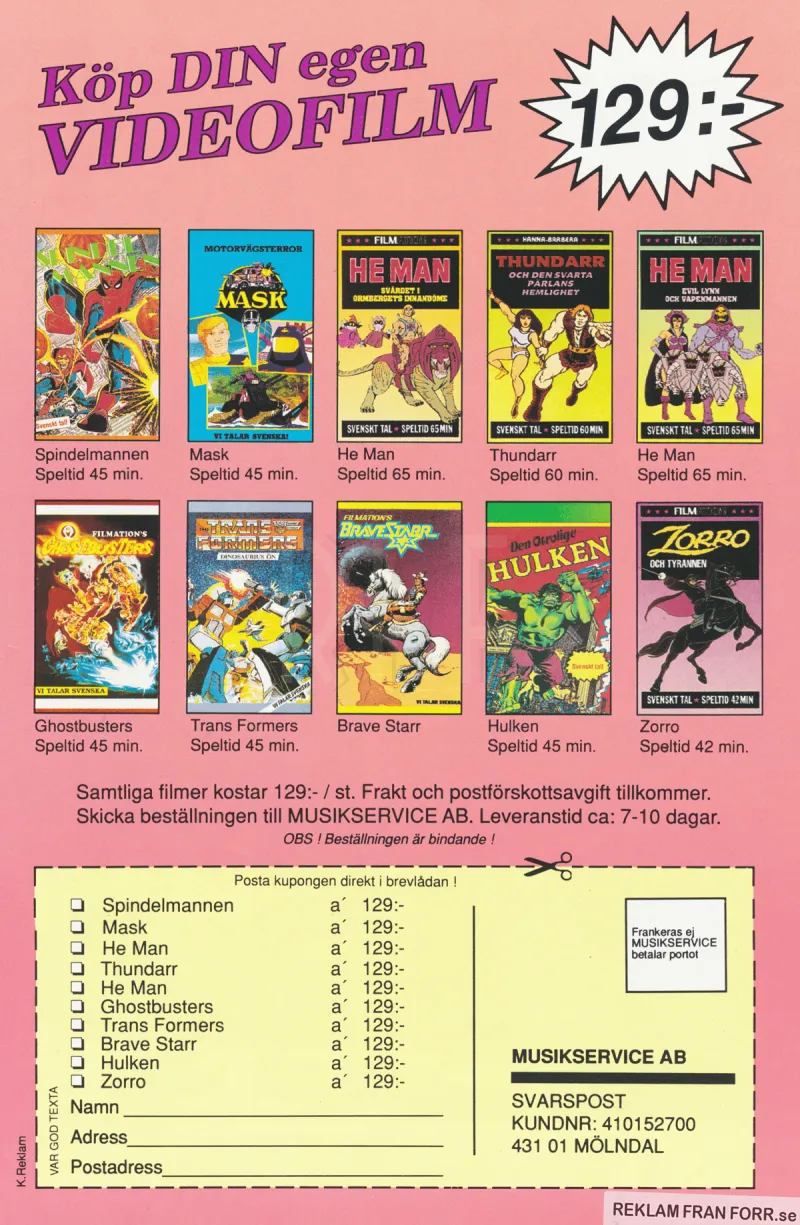 Reklam med 10 videofilmsomslag med möjligheten att köpa dessa på postorder