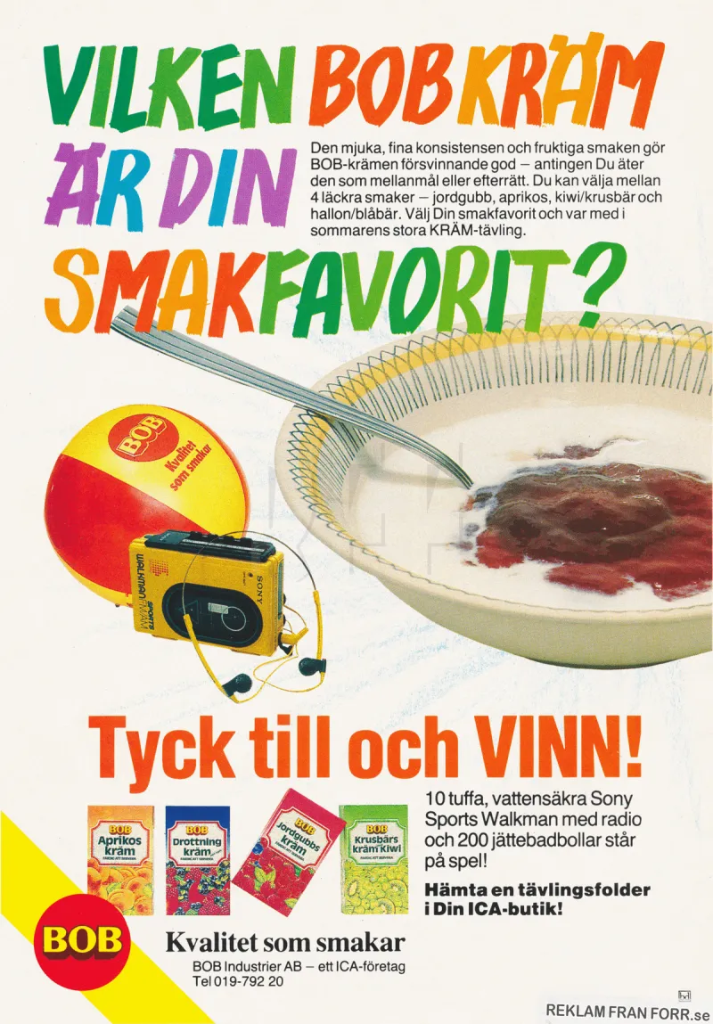 Tävlingsreklam för BOBs krämer där man kan vinna en Sony Walkman och badbollar