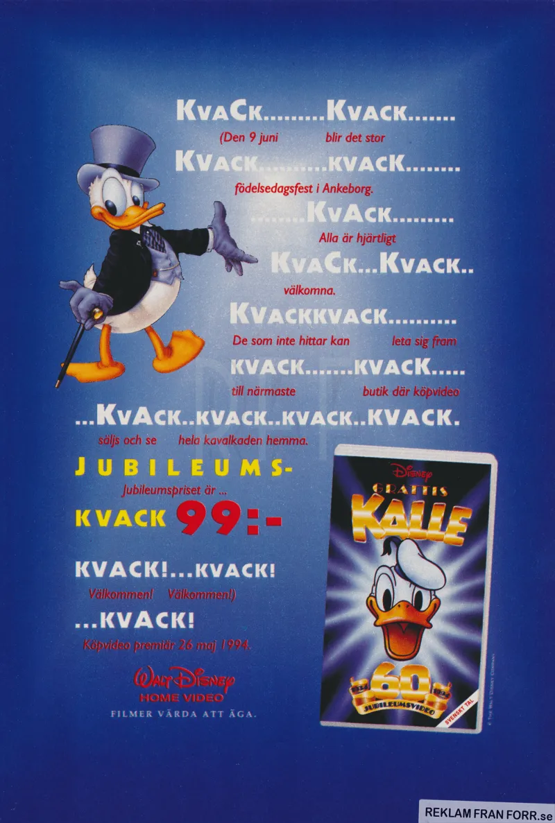 Kvackig reklam för Kalle Anka som firar 60 år med att släppa en köpfilm med kortfilmer på VHS