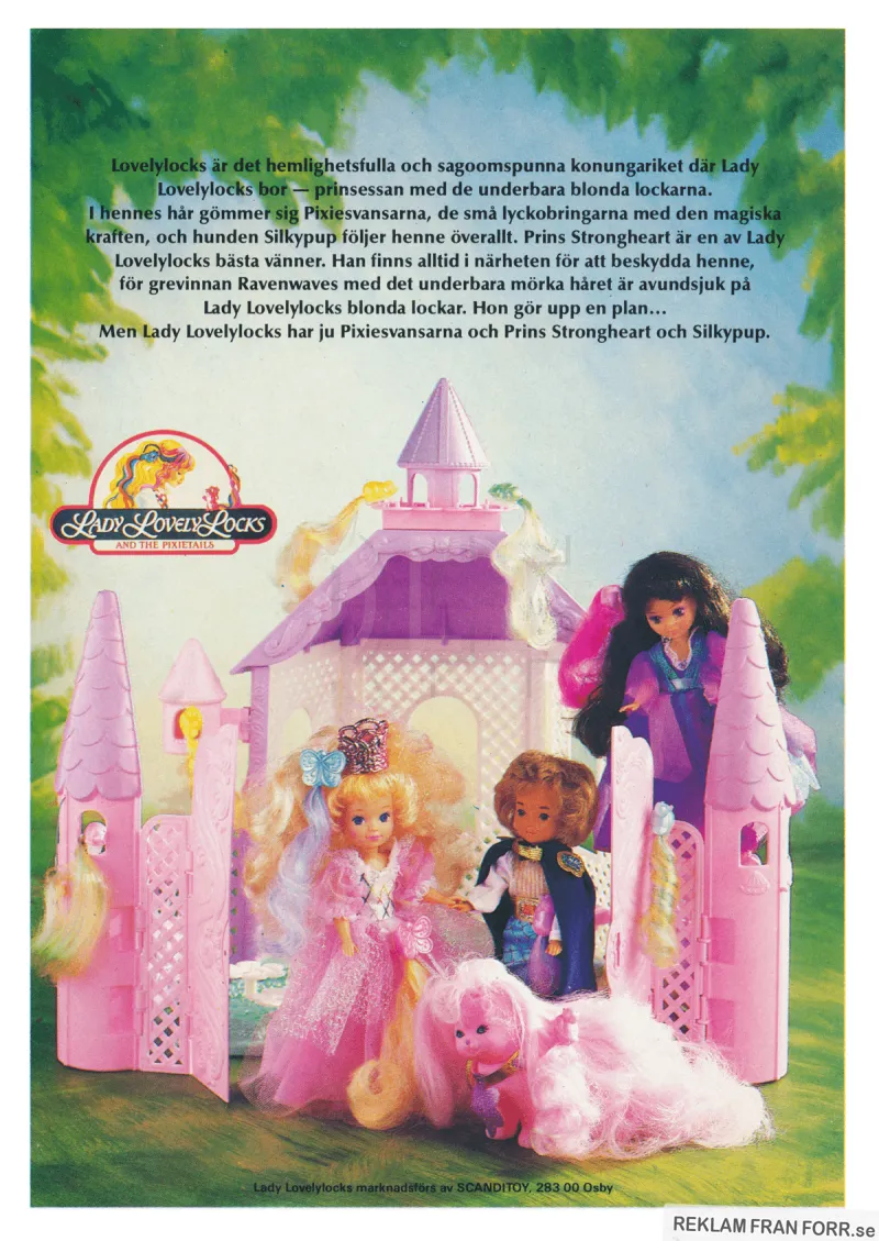 Reklam för Lady Lovely Locks med en bild av ett slott och tre dockor från leksakersserien