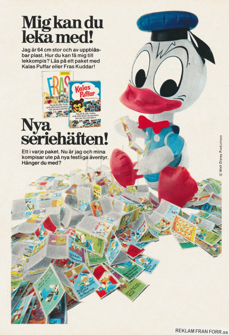 Reklam för Fraskuddar och Kalas puffar där man kan få en uppblåsbar Kalle Anka