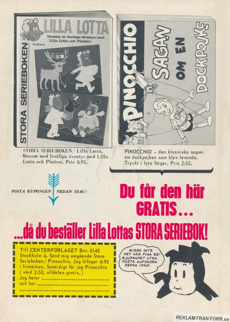 Reklam för Stora Serieboken och Pinocchio - Sagan om en dockpojke från Centerförlaget