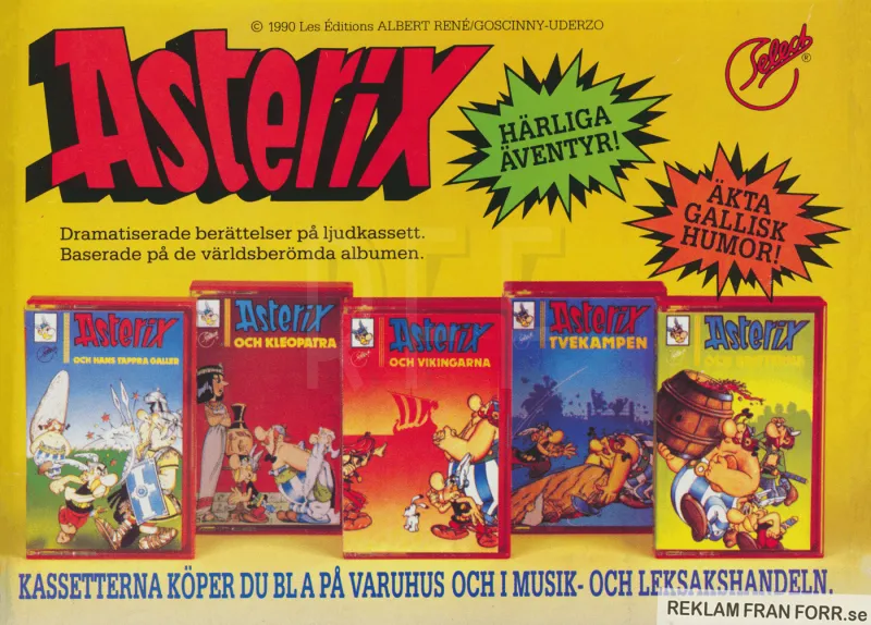 Reklam för berättelser på kassettband med historierna från Asterix seriealbum