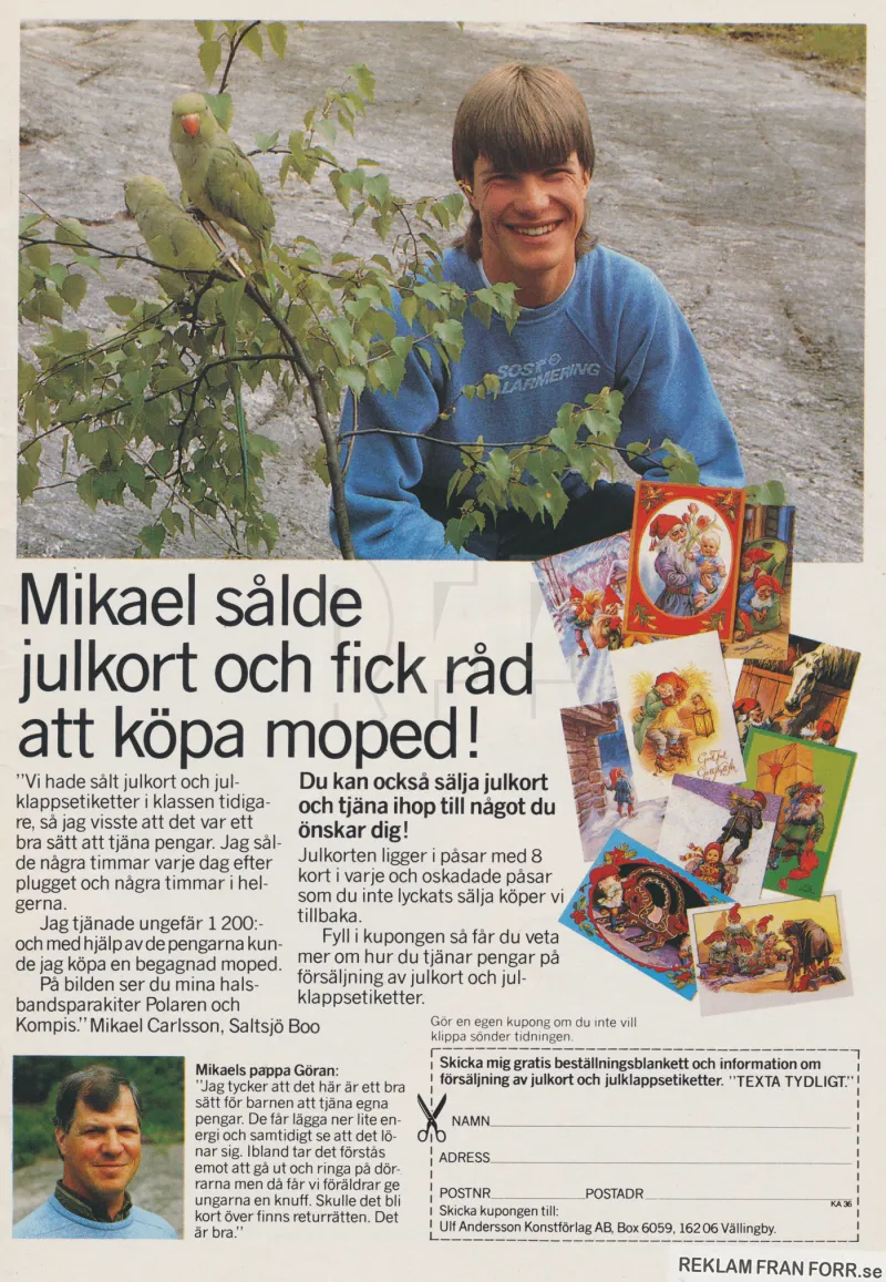 Reklam för Ulf Andersson Konstförlag som ger ungdomar möjlighet att tjäna lite extra pengar genom att sälja julkort