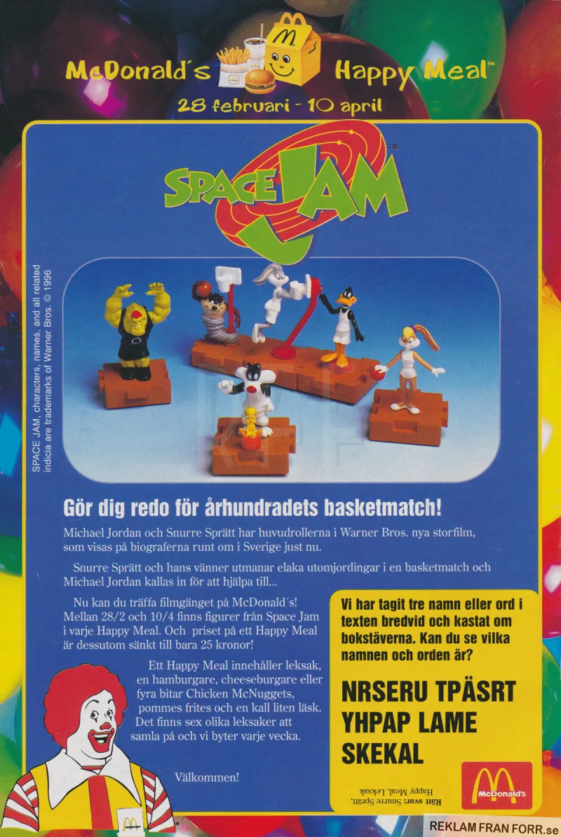 Reklam för McDonald's och deras Happy Meal-leksaker från filmen Space Jam