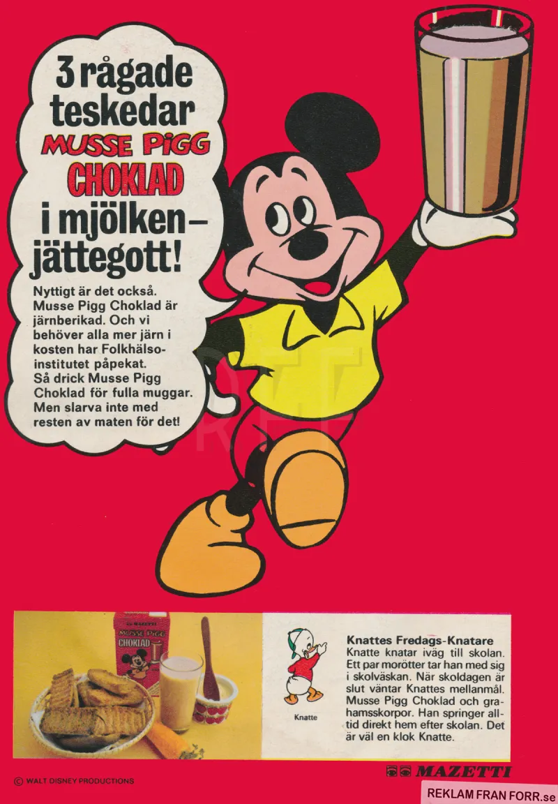 Reklam för Mazetti chokladdryck med Musse Pigg på omslaget