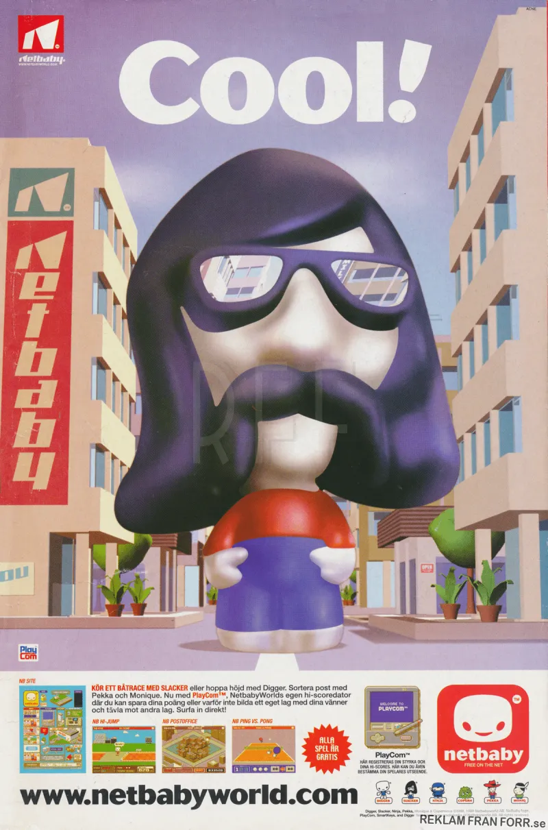 Reklam för webbplatsen Netbaby där man kan spela spel online