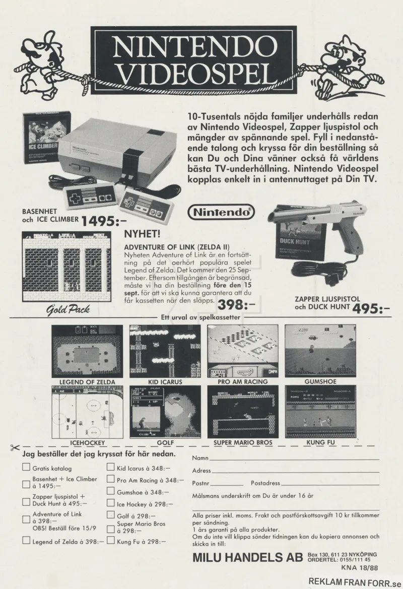 Reklam för att köpa såväl Nintendos basenhet och spel från Milu Handels AB