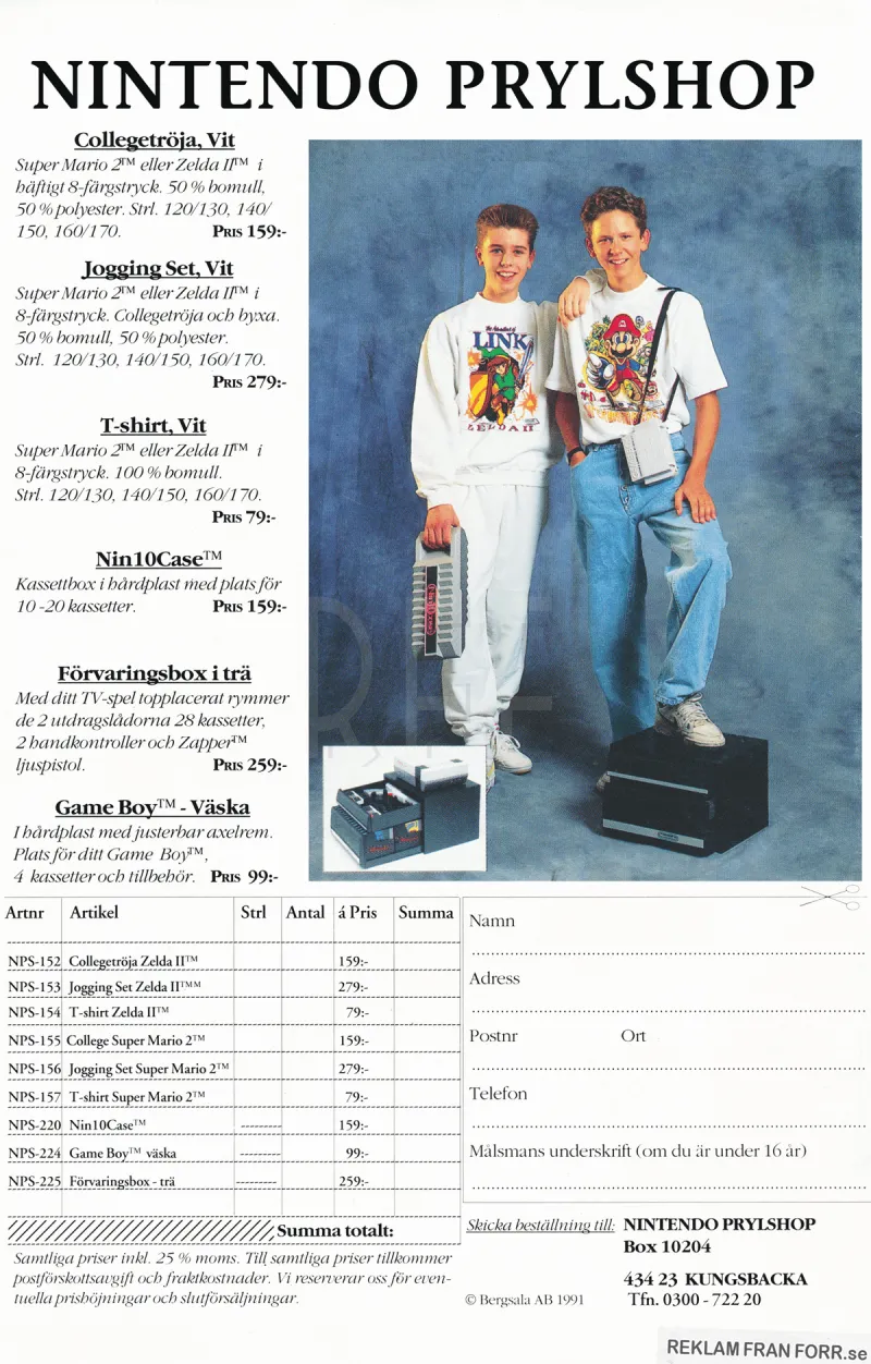 Reklam för Nintendo prylshop i Kungsbacka där två killar i tonåren visar upp olika kläder som man kan köpa i shopen