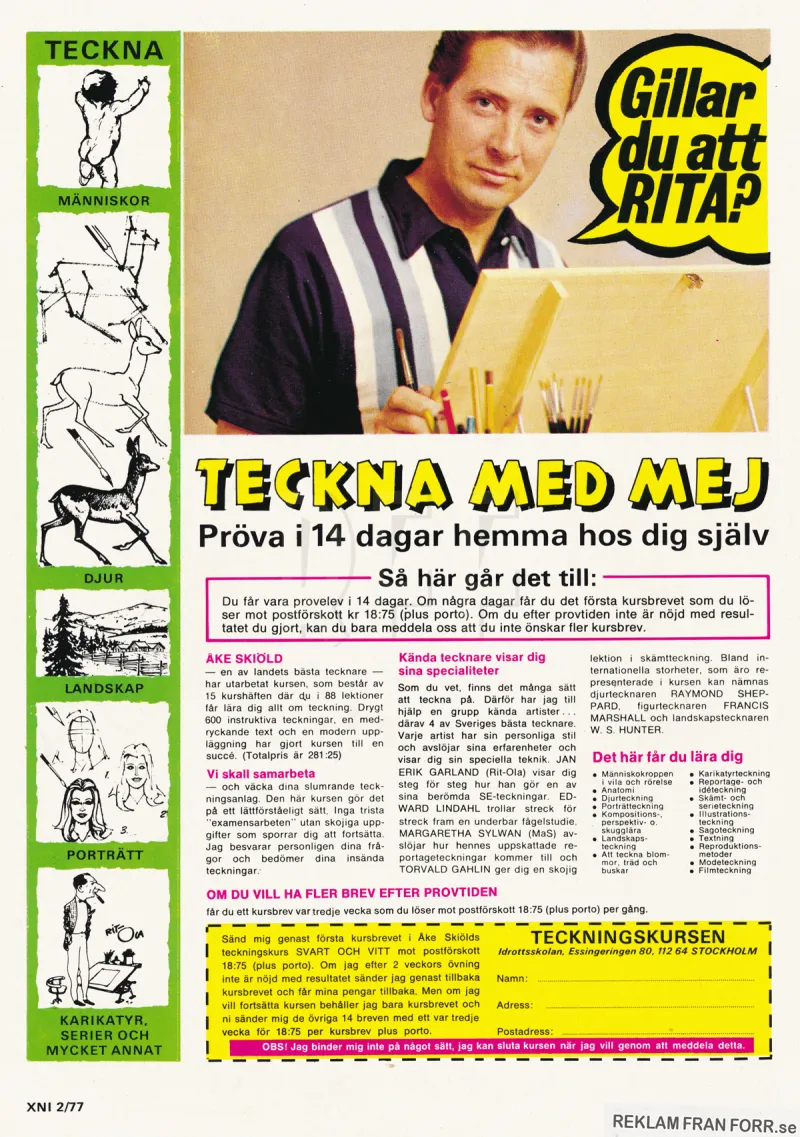 Annons för Teckningskursen av Åke Skiöld, denna gång med en grön detalj i annonsen som inte funnits där tidigare