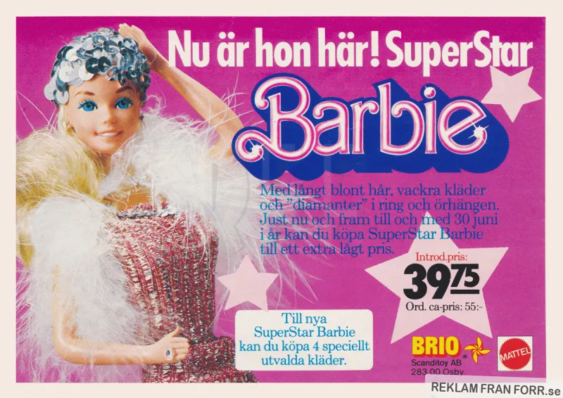 Halvsidesreklam för den speciella utgåvan Superstar Barbie som distribueras av Brio Scanditoy i Sverige