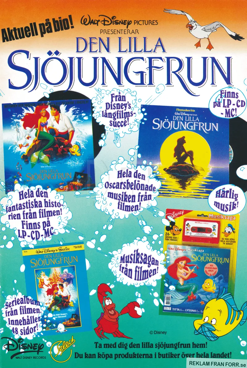 Reklam för en mängd olika prylar med Den Lilla Sjöjungfrun på