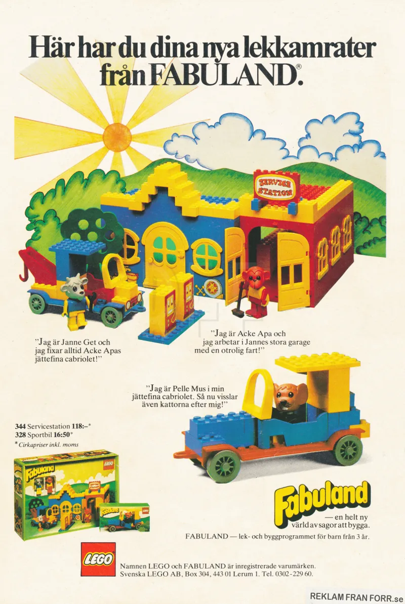 Annons för LEGO Fabuland med uppbyggda hus och bilar