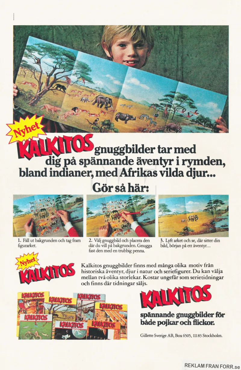Reklam för pysslet Kalkitos där du gnuggar fast bilder på ett bakgrundsark