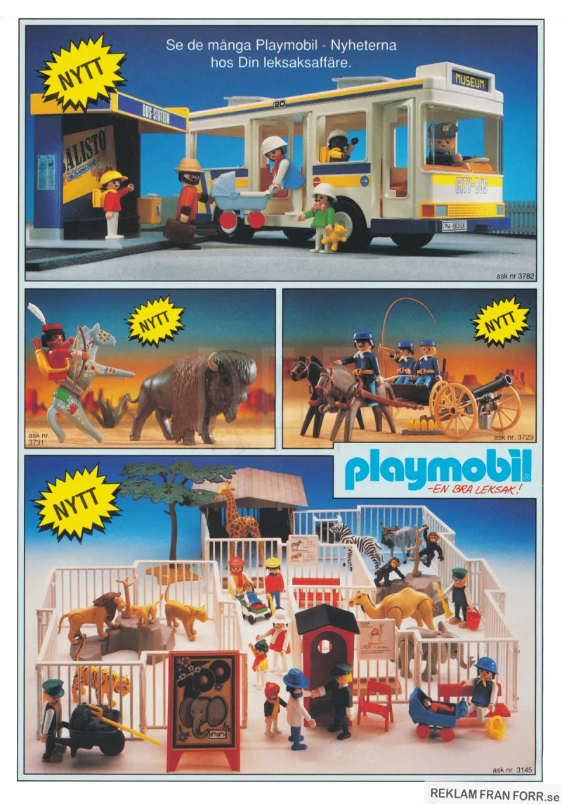 Reklam för Playmobil där en mängd nya leksaker visas upp