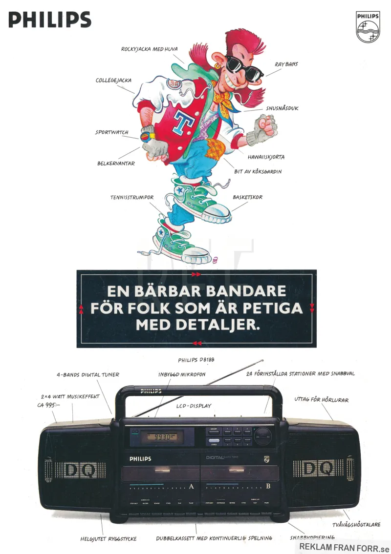 Reklam för Philips bandspelare som illustreras med en tecknad person som har tidstypiska kläder på sig