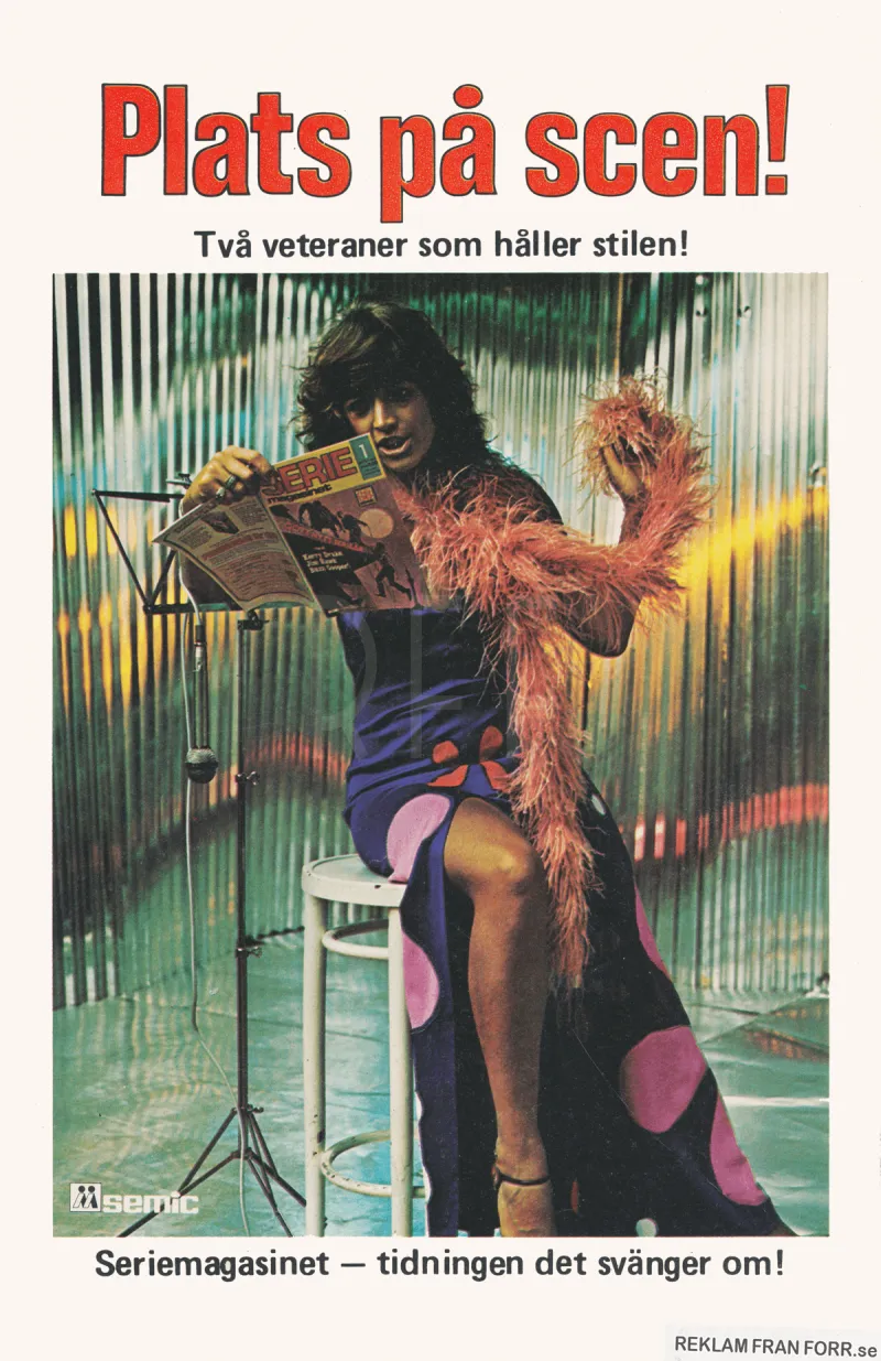 Reklambild för serietidningen Seriemagasinet med artisten Lill-Babs som läser tidningen