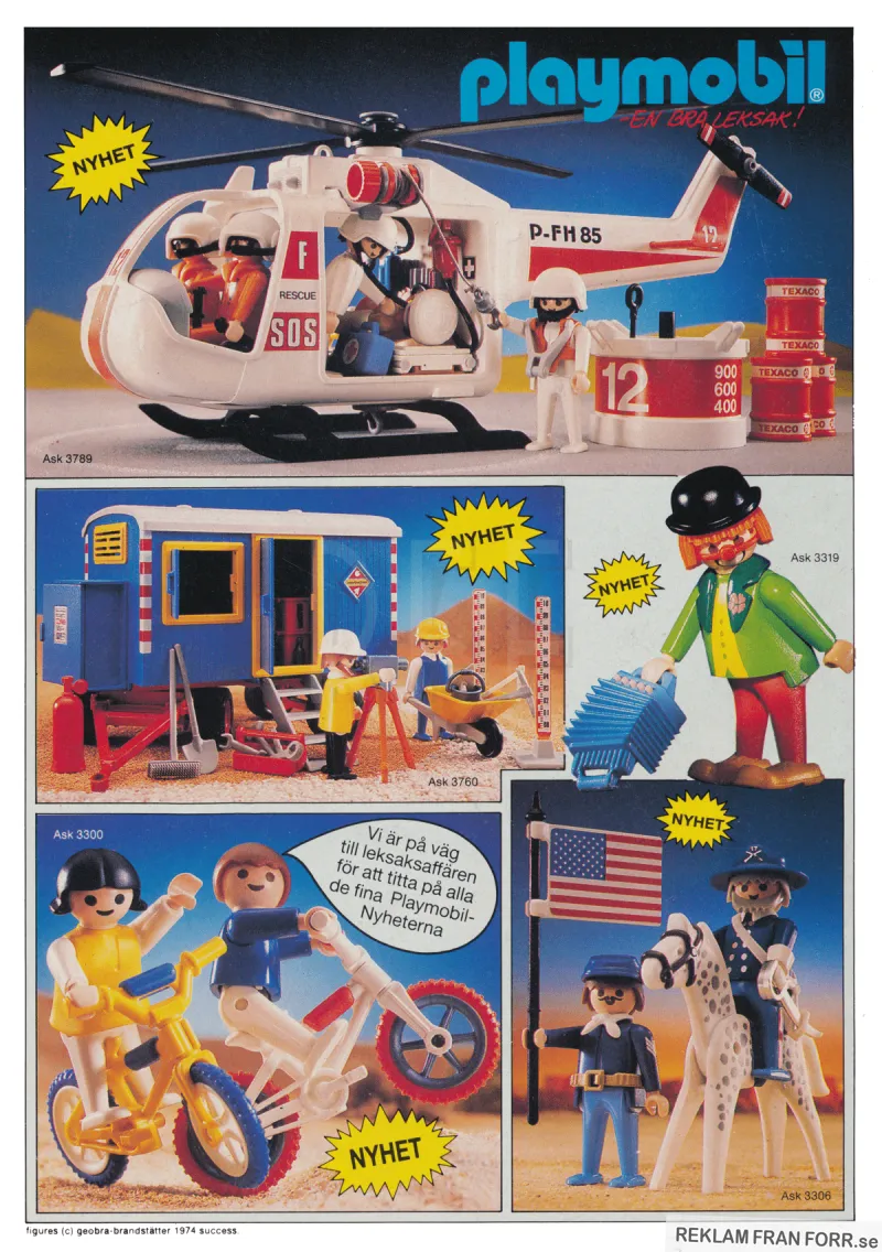 Reklam för nya modeller från Playmobil, bland annat med en clown som håller i ett dragspel