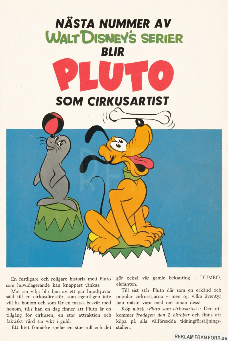 Reklam för nästa nummer av Walt Disneys Serier med en historia om Pluto