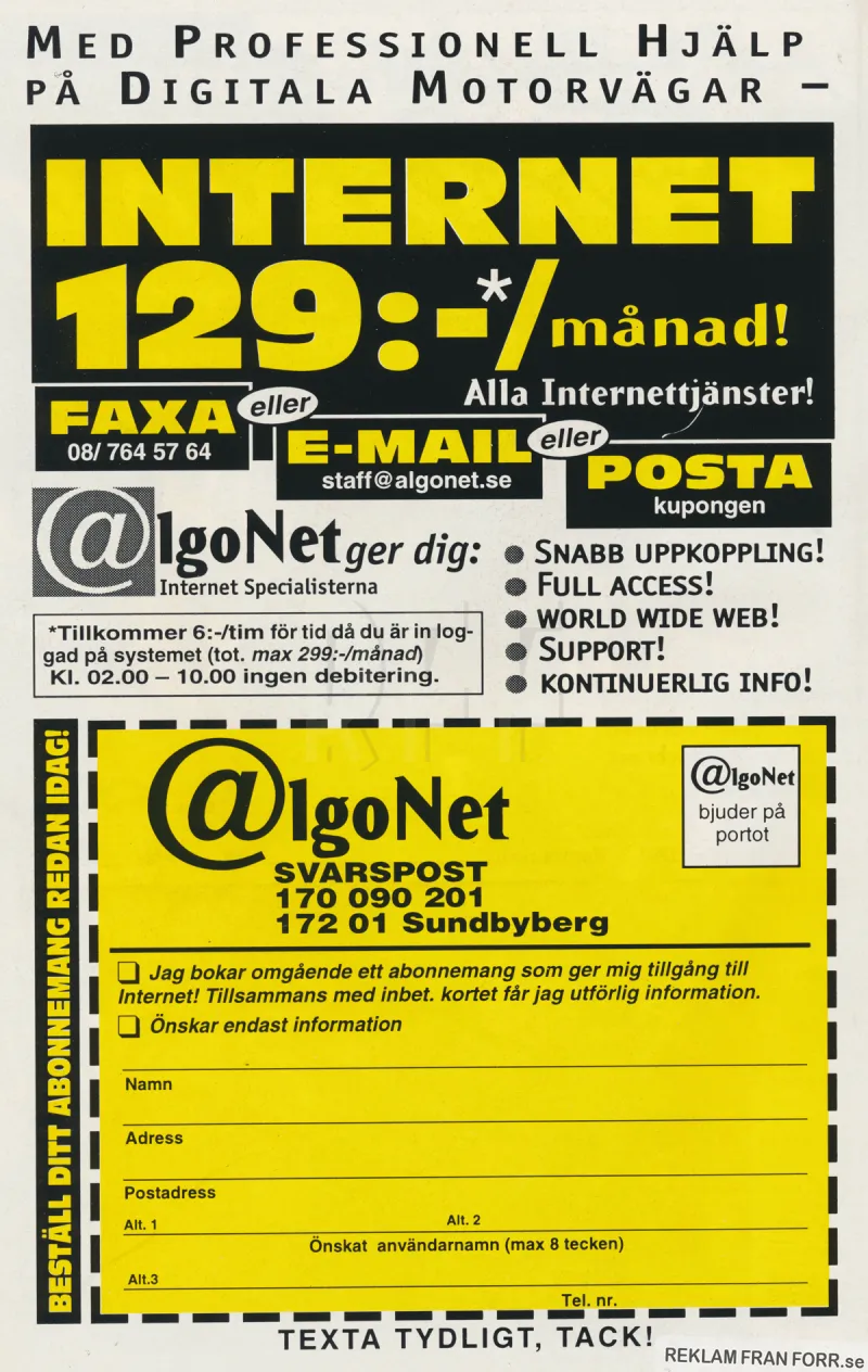 Reklam för Algonet som ger dig möjlighet att surfa på nätet