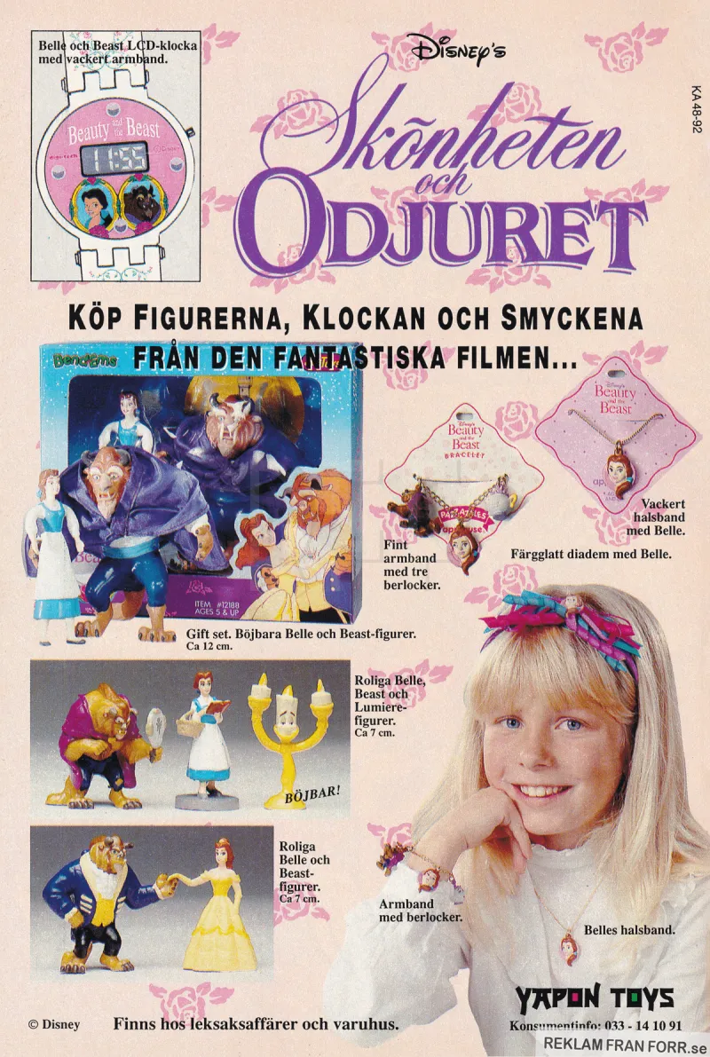 Reklam för en massa prylar med Skönheten & Odjuret på, smycken, klocka, leksaker