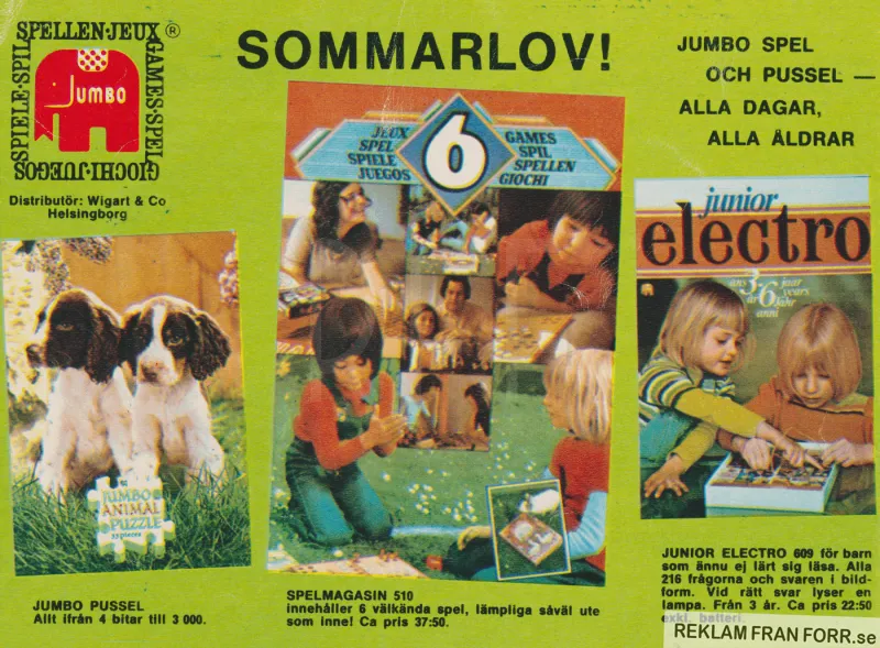 Reklam från spelföretaget Jumbo som visar upp en pussel, en speltidning och ett spel som heter Electro