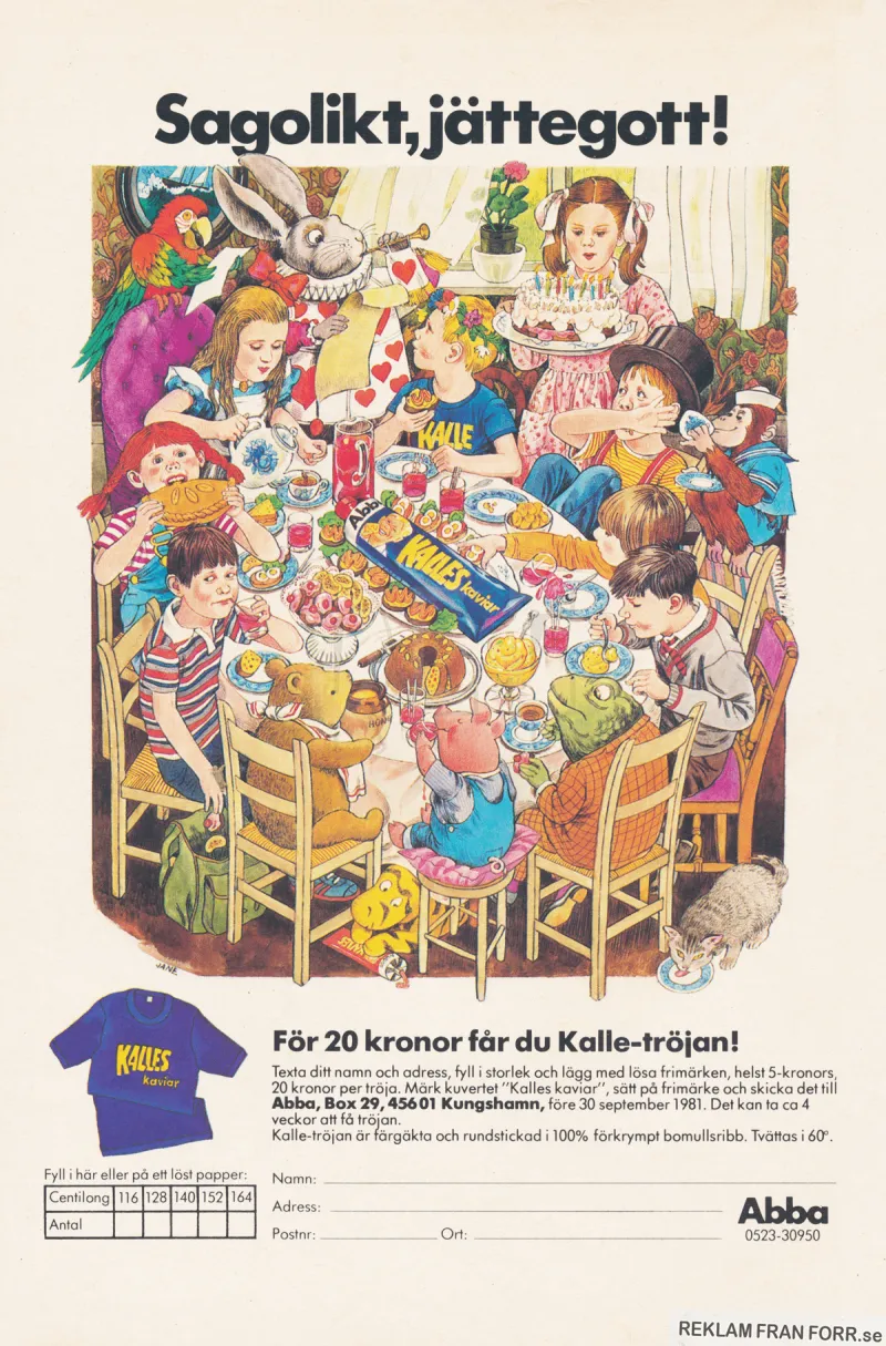 En bild av ett gäng undgomar, hämtade från sagovärlden, som sitter runt ett bord som dignar av kakor och mackor