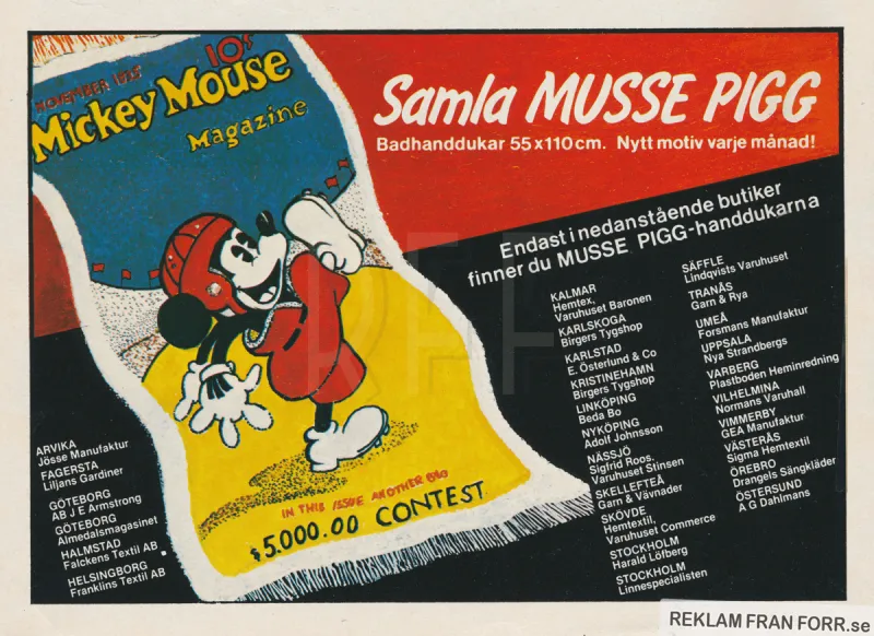 Reklam för handdukar med Musse Pigg-motiv som man kan köpa och samla