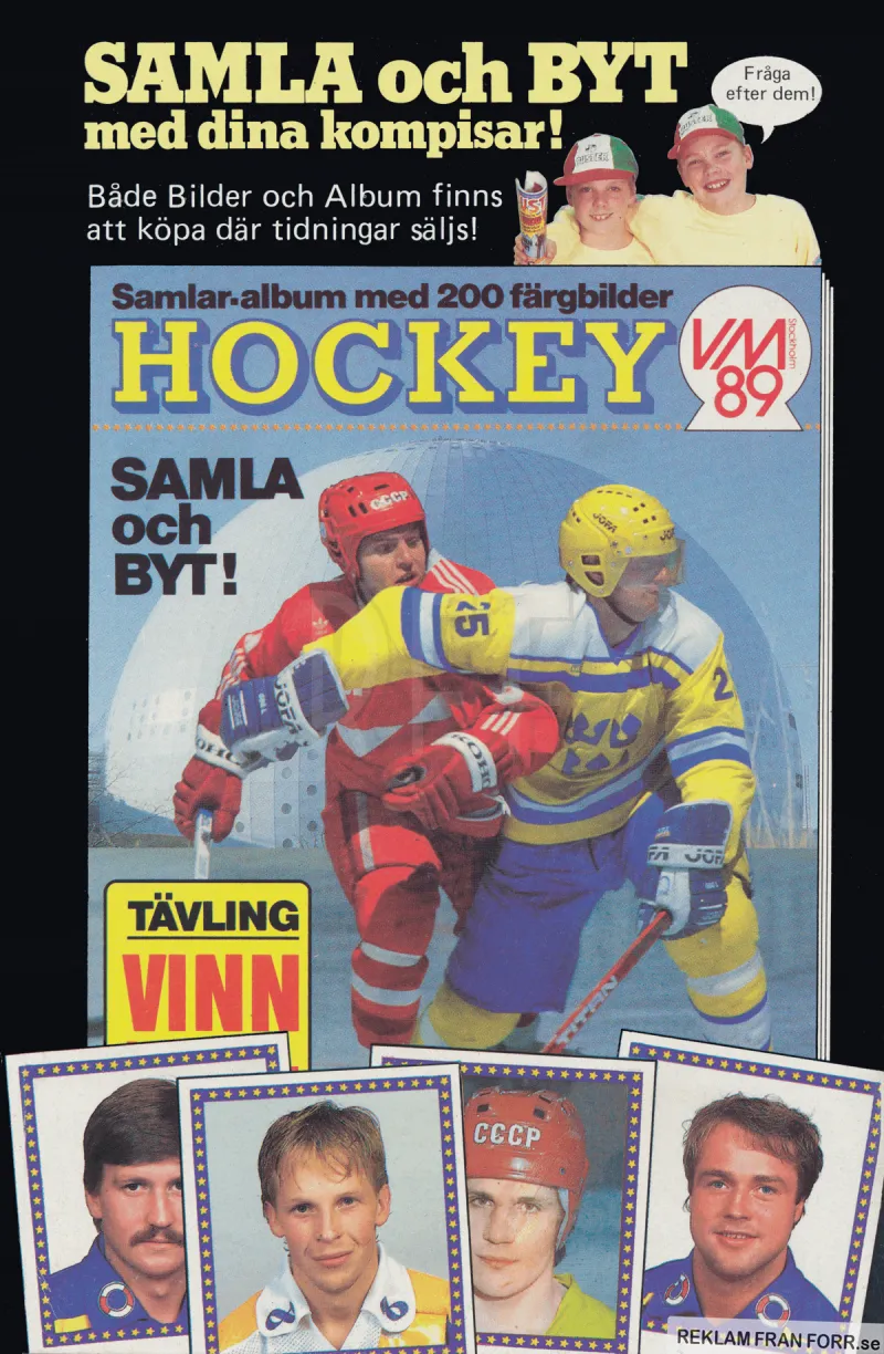 Reklam för samlaralbum och samlarbilder från Hockey-VM 1989