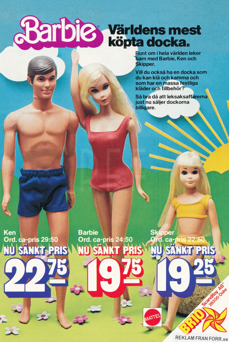 Reklam för dockorna Barbie, Ken och Skipper 