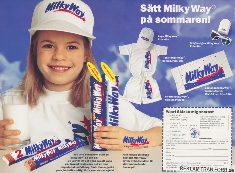 Reklam för godiset Milky Way, där du har möjlighet att köpa eras reklamprylar