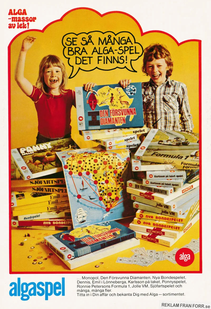 Reklam för brädspel från Alga med två glada barn i bakgrunden