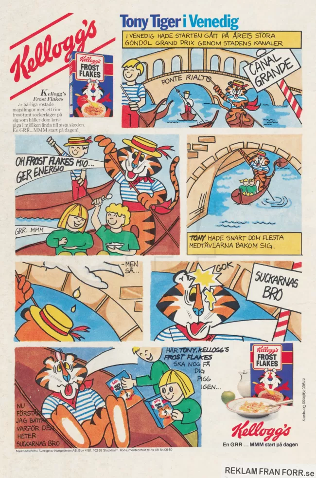 Reklam i serieformat där Tony Tiger ror en gondol i Venedig men slår huvudet i Suckarnas Bro