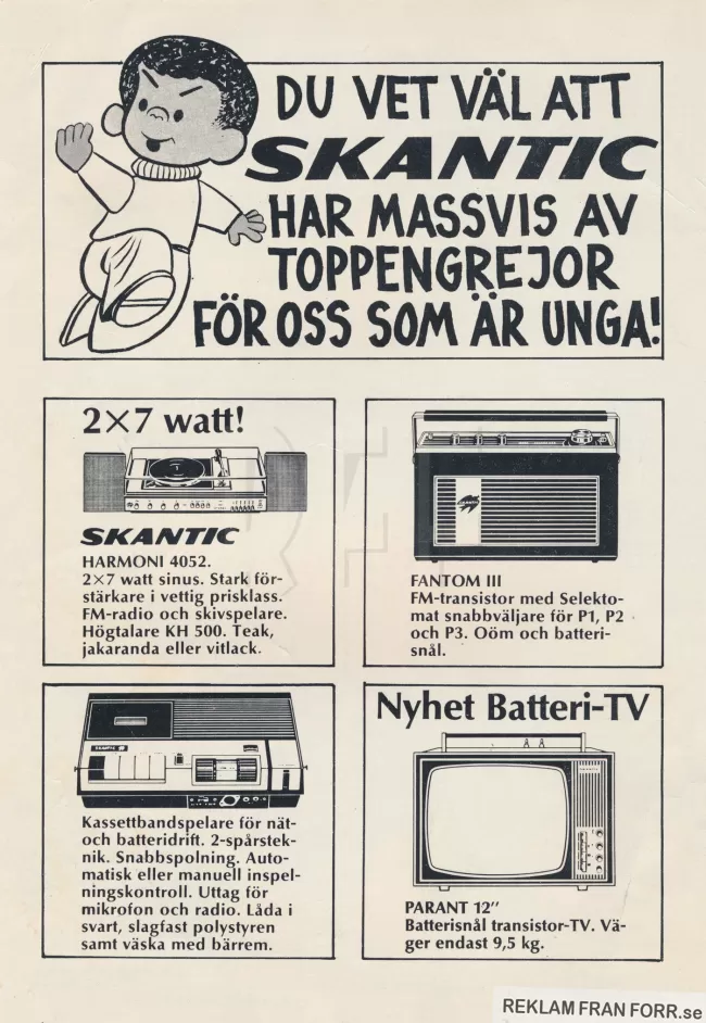 Reklam för fyra olika stereo-produkter från Skantic där produkterna visas upp som svartvita illustrationer med teknisk information bredvid