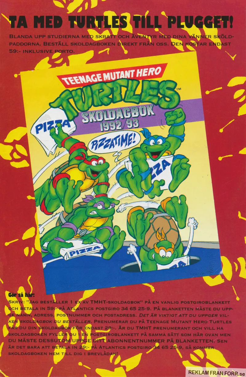 Reklam för en skoldagbok med illustrationer och innehåll från Teenage Mutant Hero Turtles