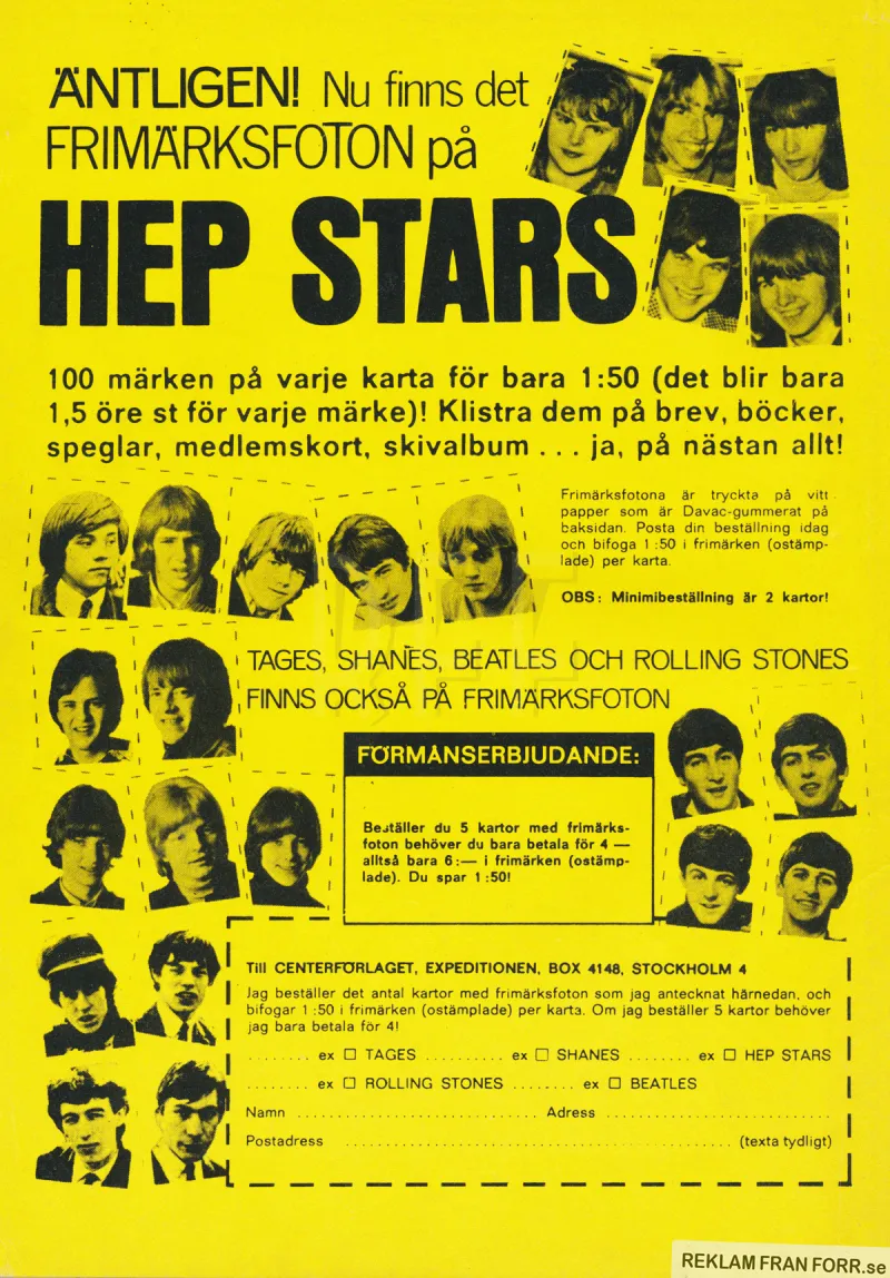 Reklam för frimärksfoton med bilder på kända popgrupper