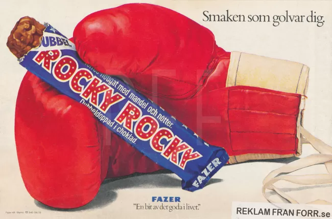 Reklam för godiset Rocky Rocky, nougat med mandel och nötter