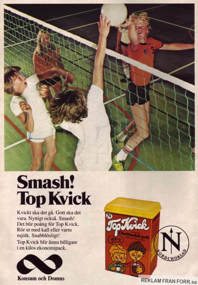 Sportig reklam för chokladdrycken Top Kvick med ungdomar som spelar volleyboll