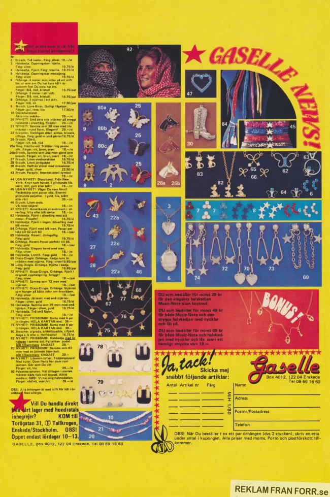 Reklam för postorderförsäljning av smycken från Gaselle