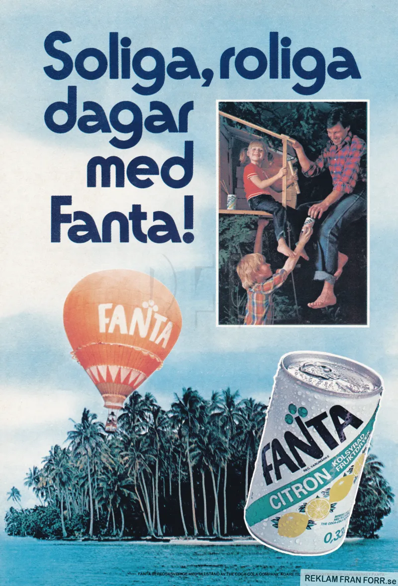 Reklam för Fanta Citron med en bakgrundsbild på en söderhavsö och en luftballong med texten Fanta