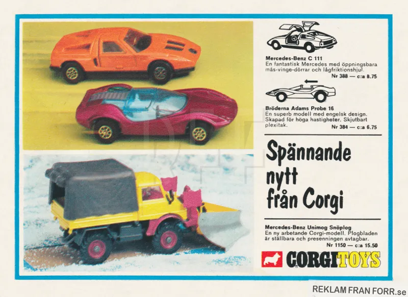 Reklam för leksaksbilar från Corgi Toys med bl.a. två bilar från Mercedes-Benz