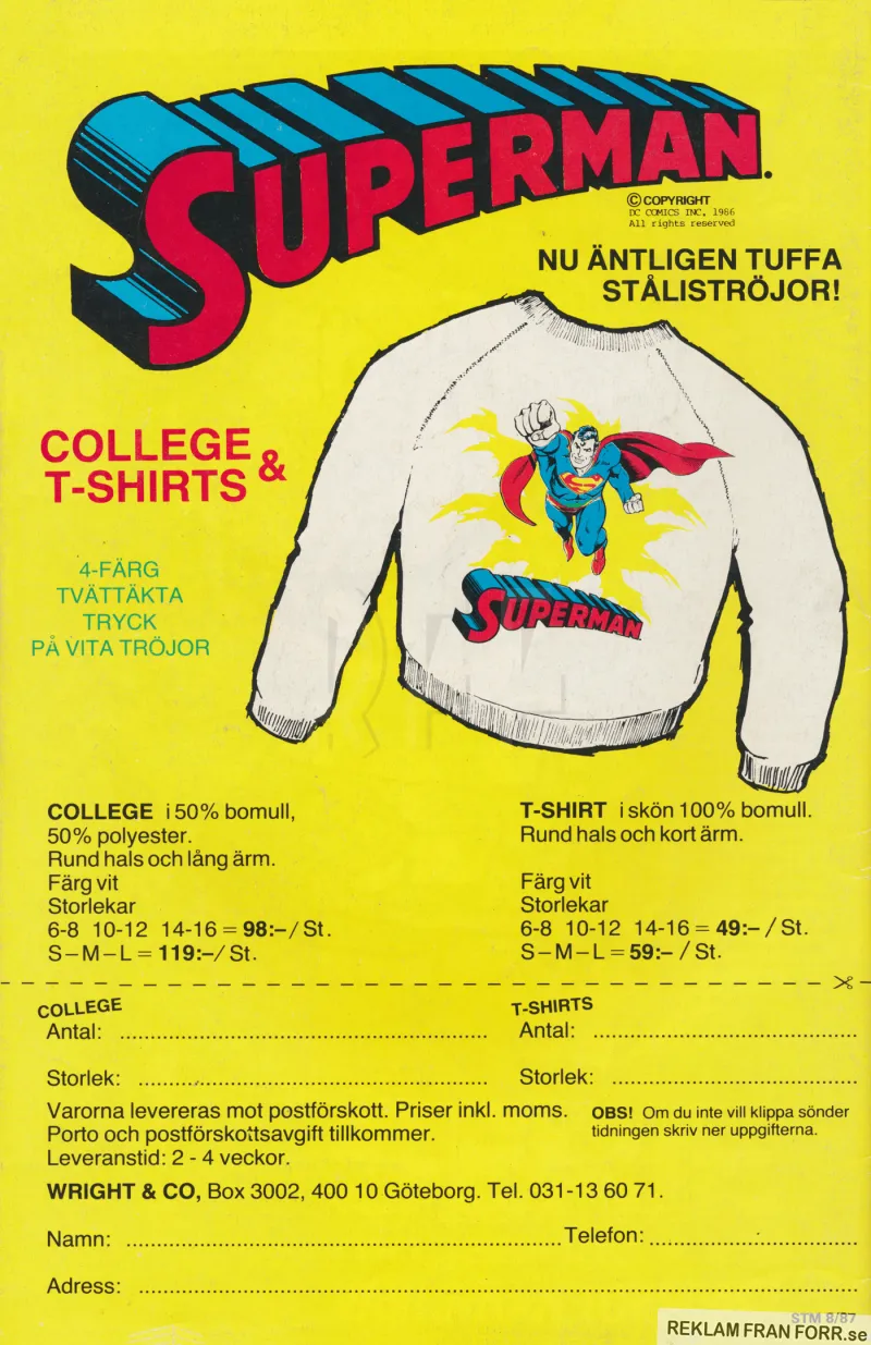 Reklam från Wright & Co som säljer tröjor med tryck från DC Comics på