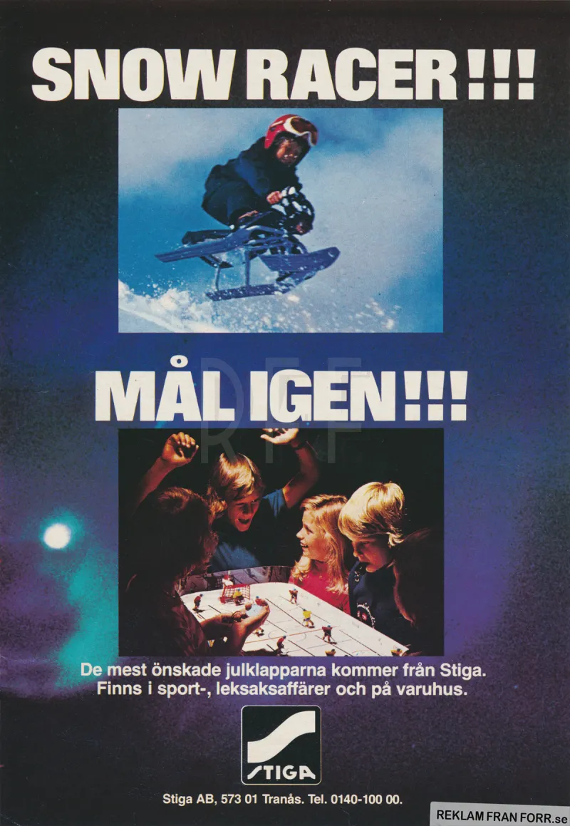Reklam för Stiga ishockeyspel och Stiga Snow Racer