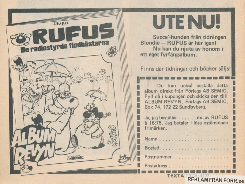 Internreklam för seriealbum med hunden Rufus i huvudrollen