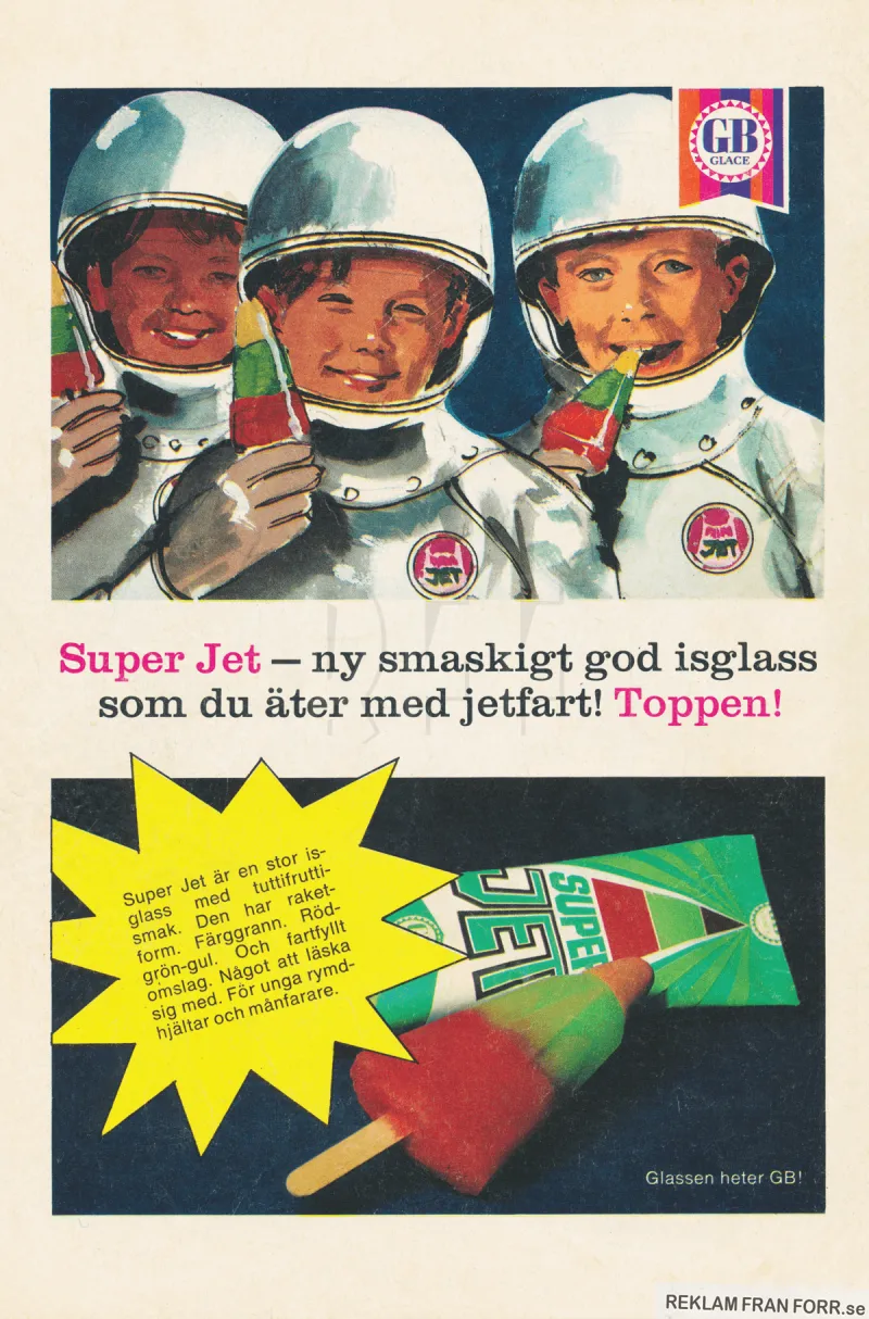 Reklam för isglassen Super Jet från GB Glass där man ser tre barn utklädda till astronauter som äter isglassen
